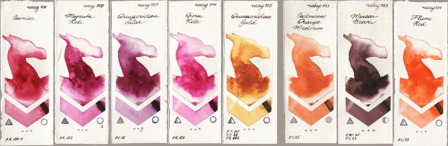 Rosa Gallery 708 Carmine, 709 Magenta Rose, 727 Quinacridone Lilac, 744 Opera Rose, 735 Quinacridone Gold, 773 Cadmium Orange Medium, 763 Maroon Brown, 734 Flame R watercolor swatch
