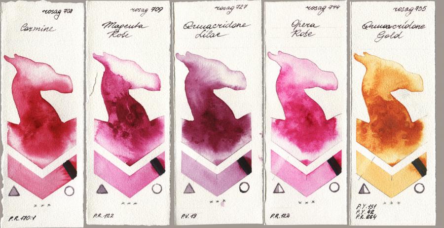 Rosa Gallery 708 Carmine vs 709 Magenta Rose vs 727 Quinacridone Lilac vs 744 Opera Rose vs 735 Quinacridone Gold watercolor swatch