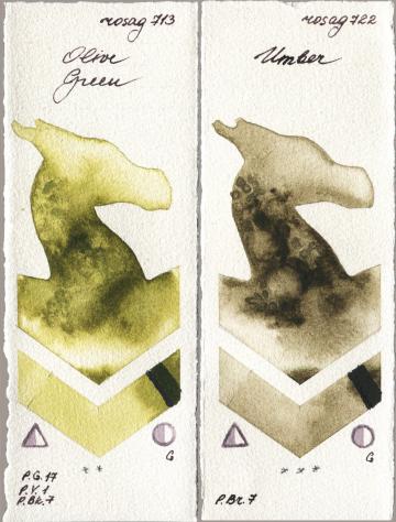 Rosa Gallery 713 Olive Green, 722 Umb watercolor swatch