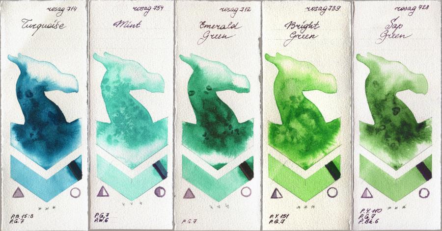 Rosa Gallery 714 Turquiose vs 754 Mint vs 712 Emerald Green vs 739 Bright Green vs 728 Sap Green watercolor swatch