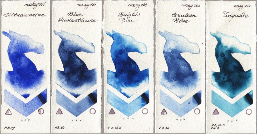 Rosa Gallery 715 Ultramarine vs 738 Blue Indanthrone vs 729 Bright Blue vs 752 Cerulean Blue vs 714 Turquiose watercolor swatch