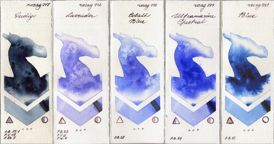Rosa Gallery 717 Indigo vs 742 Lavender vs 716 Cobalt Blue vs 777 Ultramarine Spectral vs 718 Blue watercolor swatch