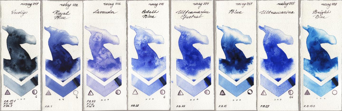 Rosa Gallery 717 Indigo, 782 Royal Blue, 742 Lavender, 716 Cobalt Blue, 777 Ultramarine Spectral, 718 Blue, 715 Ultramarine, 729 Bright Bl watercolor swatch