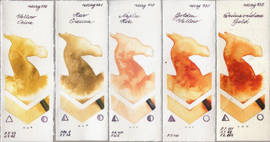 Rosa Gallery 719 Yellow Ochre vs 721 Raw Sienna vs 748 Naples Rose vs 730 Golden Yellow vs 735 Quinacridone Gold watercolor swatch