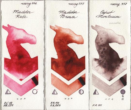 Rosa Gallery 726 Madder Rose vs 757 Madder Brown vs 758 Caput Mortuum watercolor swatch