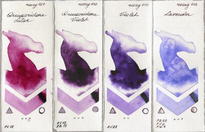 Rosa Gallery 727 Quinacridone Lilac vs 749 Quinacridone Violet vs 710 Violet vs 742 Lavender watercolor swatch