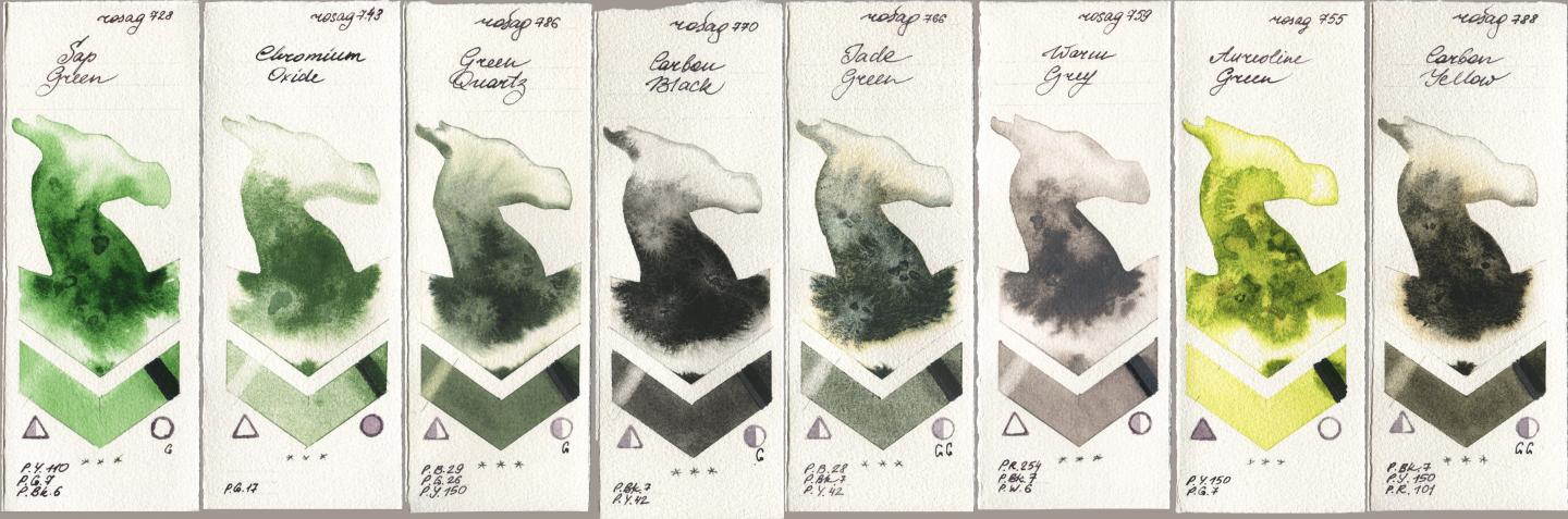 Rosa Gallery 728 Sap Green, 743 Chromium Oxide, 786 Green Quartz, 770 Carbon Black, 766 Jade Green, 759 Warm Grey, 755 Aureoline Green, 788 Carbon Yell watercolor swatch