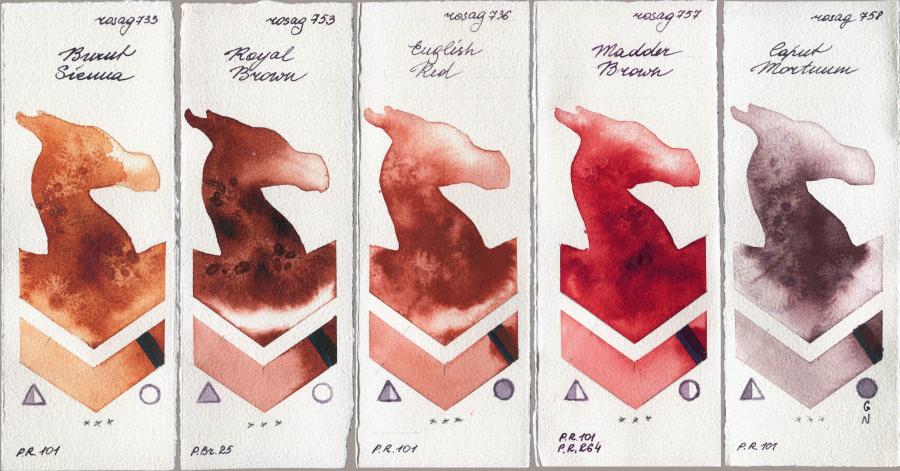 Rosa Gallery 733 Burnt Sienna vs 753 Royal Brown vs 736 English Red vs 757 Madder Brown vs 758 Caput Mortuum watercolor swatch