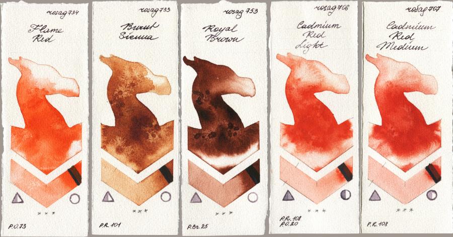 Rosa Gallery 734 Flame Red vs 733 Burnt Sienna vs 753 Royal Brown vs 706 Cadmium Red Light vs 707 Cadmium Red Medium watercolor swatch
