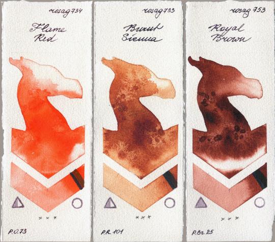 Rosa Gallery 734 Flame Red vs 733 Burnt Sienna vs 753 Royal Brown watercolor swatch