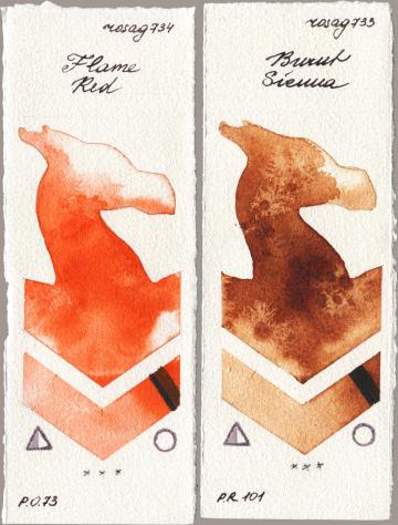 Rosa Gallery 734 Flame Red vs 733 Burnt Sienna watercolor swatch