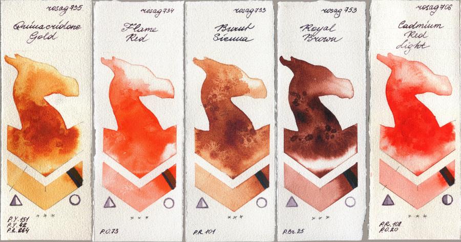 Rosa Gallery 735 Quinacridone Gold vs 734 Flame Red vs 733 Burnt Sienna vs 753 Royal Brown vs 706 Cadmium Red Light watercolor swatch