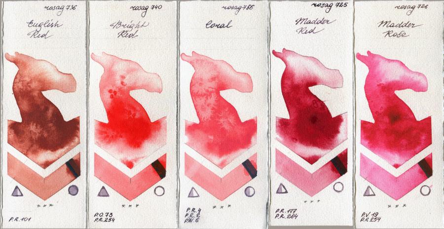 Rosa Gallery 736 English Red vs 740 Bright Red vs 756 Coral vs 725 Madder Red vs 726 Madder Rose watercolor swatch
