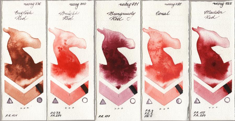 Rosa Gallery 736 English Red vs 740 Bright Red vs 781 Burgundy Red vs 756 Coral vs 725 Madder Red watercolor swatch