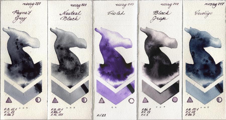 Rosa Gallery 737 Paynes Grey vs 724 Neutral Black vs 710 Violet vs 747 Black Grape vs 717 Indigo watercolor swatch