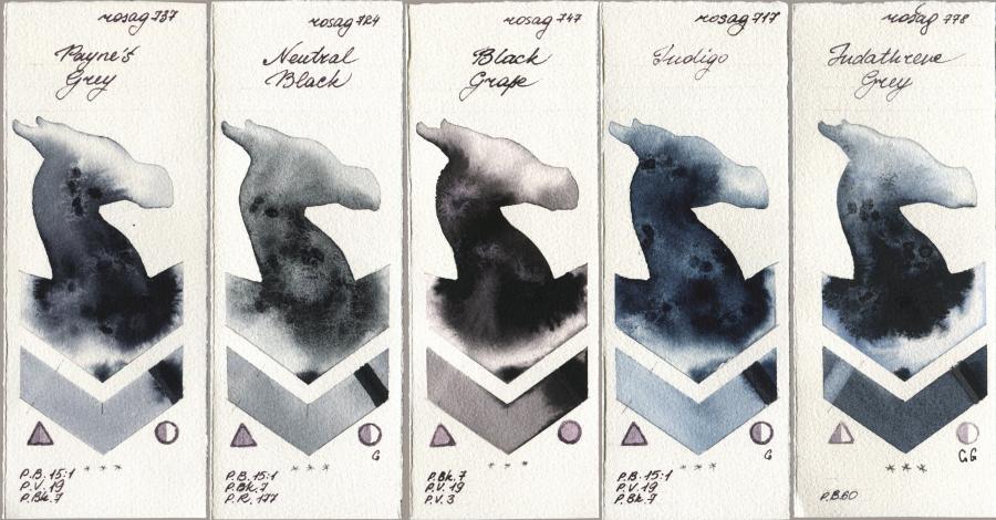 Rosa Gallery 737 Paynes Grey, 724 Neutral Black, 747 Black Grape, 717 Indigo, 778 Indanthrene Gr watercolor swatch