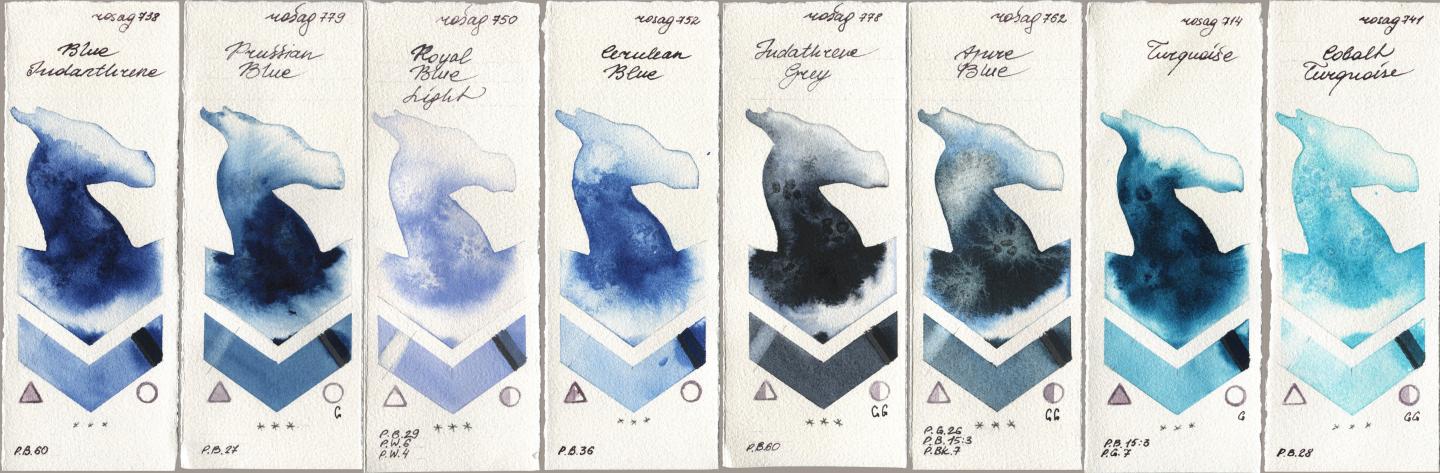 Rosa Gallery 738 Blue Indanthrene, 779 Prussian Blue, 750 Royal Blue Light, 752 Cerulean Blue, 778 Indanthrene Grey, 762 Azure Blue, 714 Turquoise, 741 Cobalt Turquoi watercolor swatch