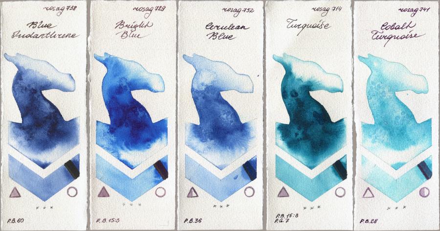 Rosa Gallery 738 Blue Indanthrone vs 729 Bright Blue vs 752 Cerulean Blue vs 714 Turquiose vs 741 Cobalt Turquoise watercolor swatch