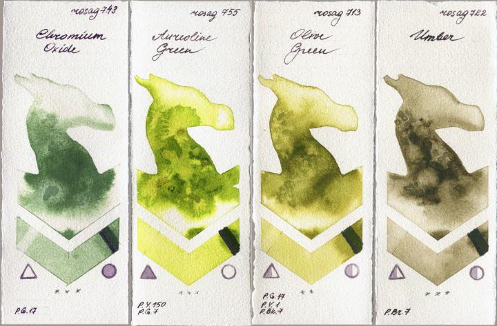 Rosa Gallery 743 Chromium Oxide vs 755 Aureoline Green vs 713 Olive Green vs 722 Umber watercolor swatch