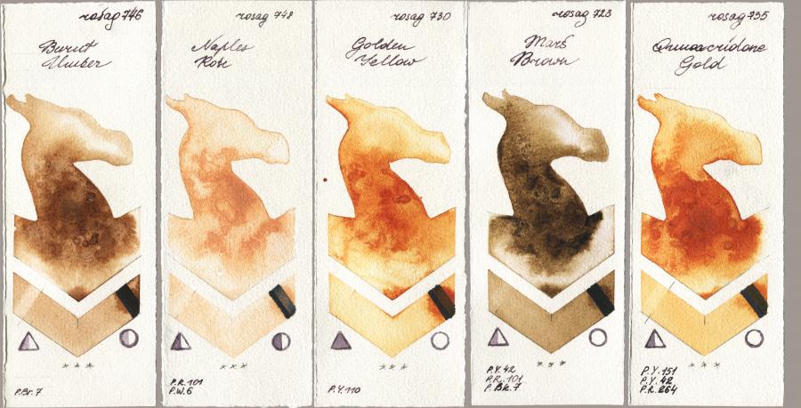 Rosa Gallery 746 Burnt Umber vs 748 Naples Rose vs 730 Golden Yellow vs 723 Mars Brown vs 735 Quinacridone Gold watercolor swatch