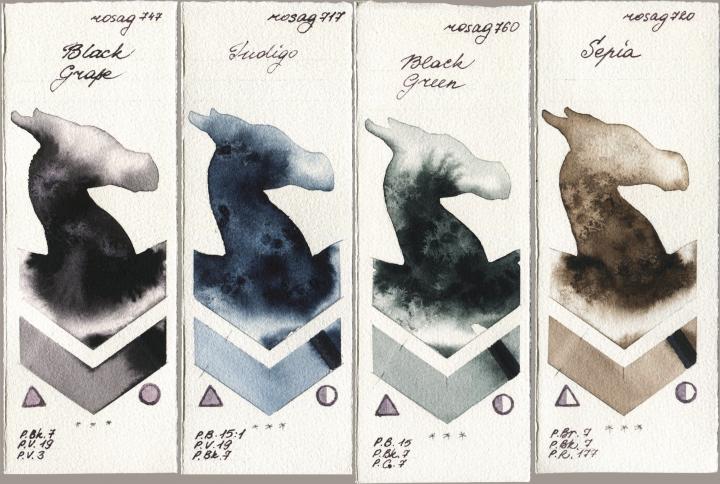 Rosa Gallery 747 Black Grape vs 717 Indigo vs 760 Black Green vs 720 Sepia watercolor swatch