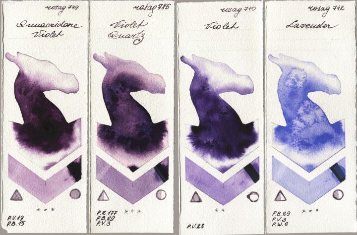 Rosa Gallery 749 Quinacridone Violet vs 785 Violet Quartz vs 710 Violet vs 742 Lavender watercolor swatch