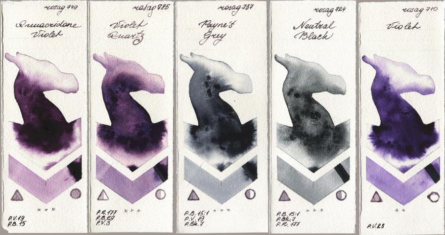 Rosa Gallery 749 Quinacridone Violet vs 785 Violet Quartz vs 737 Paynes Grey vs 724 Neutral Black vs 710 Violet watercolor swatch