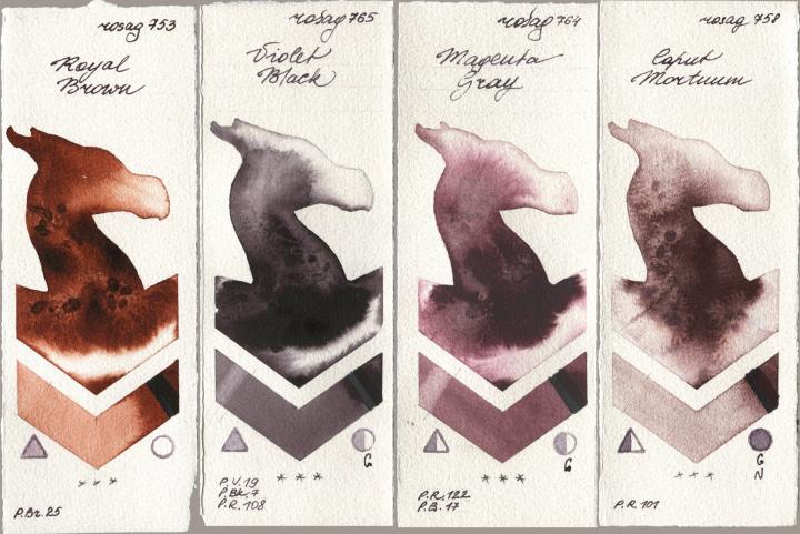 Rosa Gallery 753 Royal Brown, 765 Violet Black, 764 Magenta Gray, 758 Caput Mortu watercolor swatch