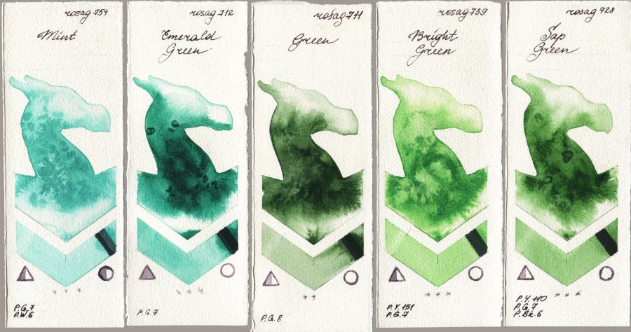 Rosa Gallery 754 Mint vs 712 Emerald Green vs 711 Green vs 739 Bright Green vs 728 Sap Green watercolor swatch