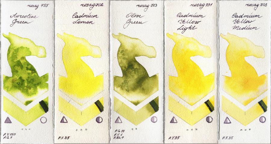 Rosa Gallery 755 Aureoline Green vs 702 Cadmium Lemon vs 713 Olive Green vs 731 Cadmium Yellow Light vs 703 Cadmium Yellow Medium watercolor swatch