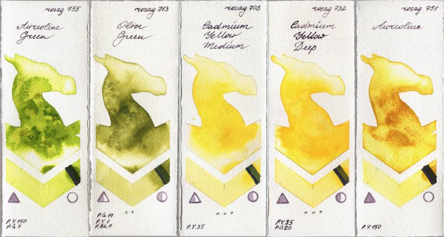 Rosa Gallery 755 Aureoline Green vs 713 Olive Green vs 703 Cadmium Yellow Medium vs 732 Cadmium Yellow Deep vs 751 Aureoline watercolor swatch