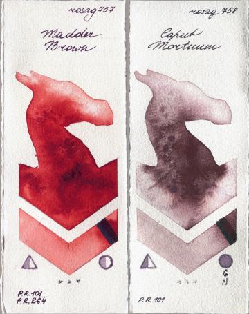 Rosa Gallery 757 Madder Brown vs 758 Caput Mortuum watercolor swatch