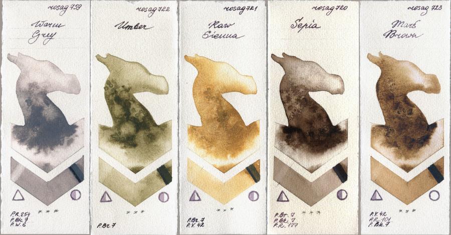 Rosa Gallery 759 Warm Grey vs 722 Umber vs 721 Raw Sienna vs 720 Sepia vs 723 Mars Brown watercolor swatch