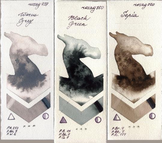 Rosa Gallery 759 Warm Grey vs 760 Black Green vs 720 Sepia watercolor swatch