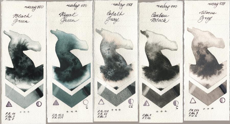 Rosa Gallery 760 Black Green, 780 Royal Green, 768 Cobalt Gray, 770 Carbon Black, 759 Warm Gr watercolor swatch