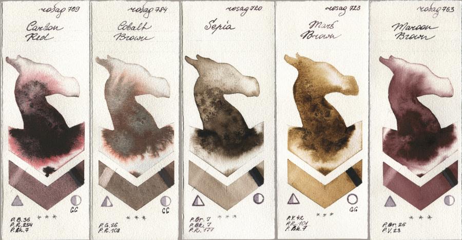 Rosa Gallery 769 Carbon Red, 784 Cobalt Brown, 720 Sepia, 723 Mars Brown, 763 Maroon Bro watercolor swatch