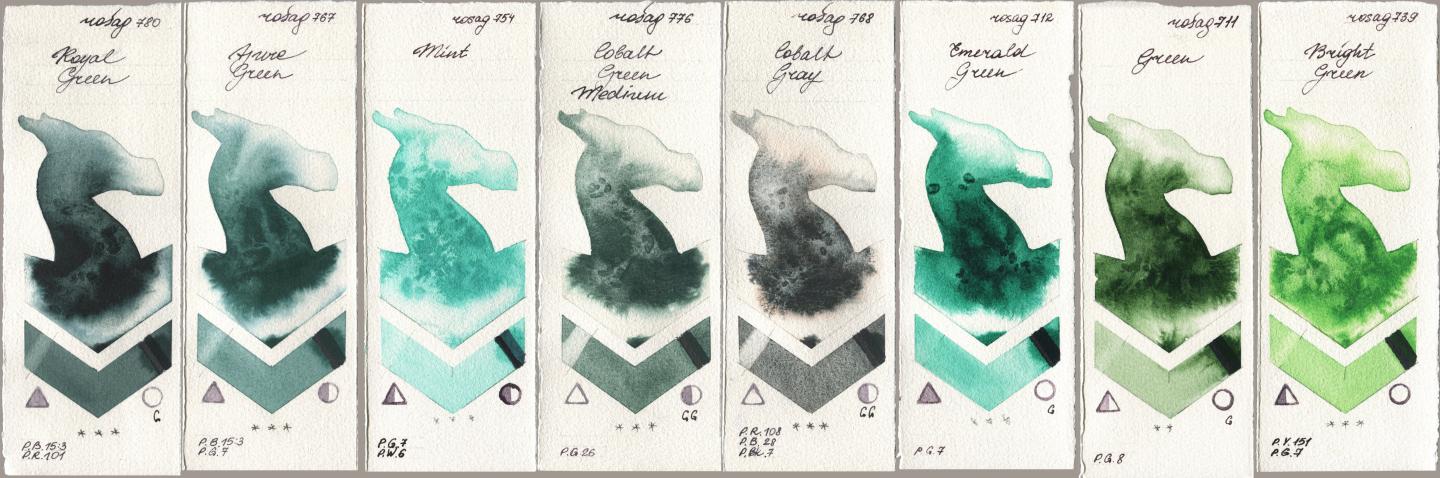 Rosa Gallery 780 Royal Green, 767 Azure Green, 754 Mint, 776 Cobalt Green Medium, 768 Cobalt Gray, 712 Emerald Green, 711 Green, 739 Bright Gre watercolor swatch