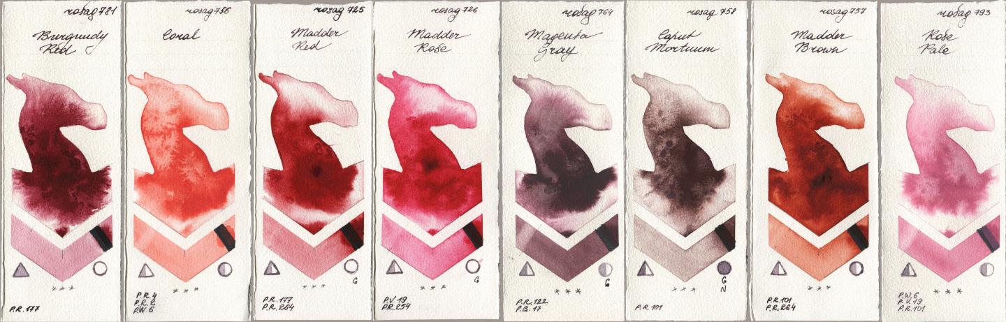 Rosa Gallery 781 Burgundy Red, 756 Coral, 725 Madder Red, 726 Madder Rose, 764 Magenta Gray, 758 Caput Mortuum, 757 Madder Brown, 793 Rose Pa watercolor swatch