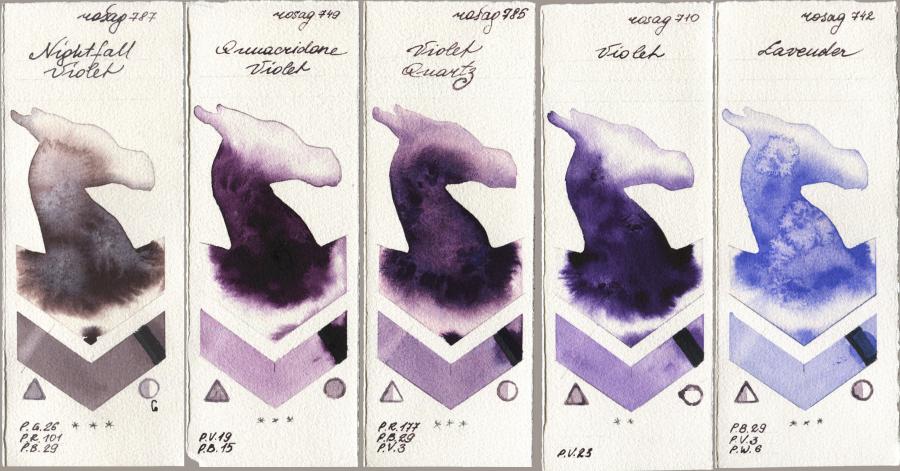 Rosa Gallery 787 Nightfall Violet, 749 Quinacridone Violet, 785 Violet Quartz, 710 Violet, 742 Lavend watercolor swatch