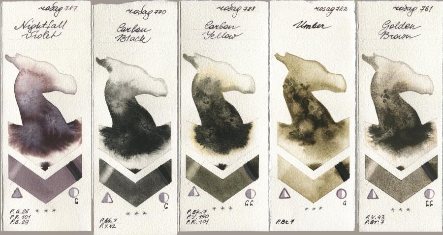 Rosa Gallery 787 Nightfall Violet, 770 Carbon Black, 788 Carbon Yellow, 722 Umber, 761 Golden Bro watercolor swatch