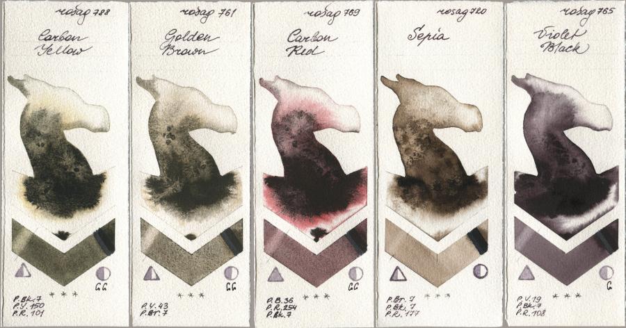 Rosa Gallery 788 Carbon Yellow, 761 Golden Brown, 769 Carbon Red, 720 Sepia, 765 Violet Bla watercolor swatch