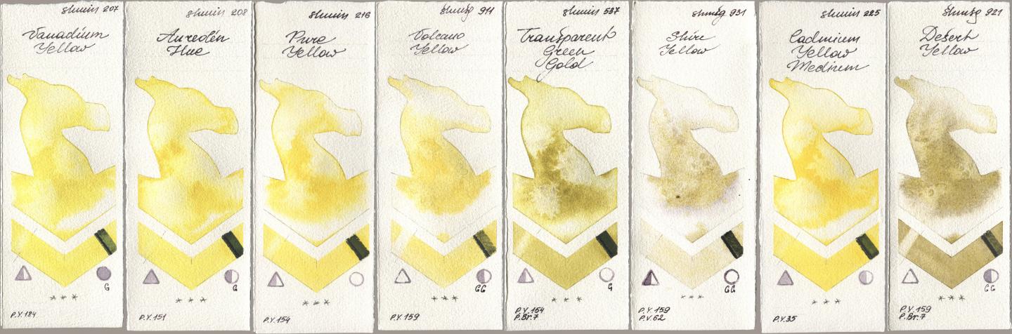 Shminke Horadam Aquarell 207 Vanadium Yellow, 208 Aureolin Hue, 216 Pure Yellow, 911 Volcano Yellow, 537 Transparent Green Gold, 931 Shire Yellow, 225 Cadmium Yellow Medium, 921 Desert Yell watercolor swatch