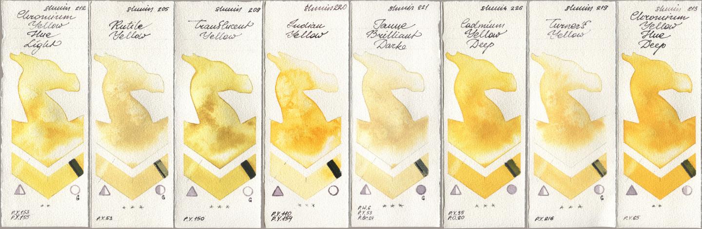 Shminke Horadam Aquarell 212 Chromium Yellow Hue Light, 205 Rutile Yellow, 209 Translucent Yellow, 220 Indian Yellow, 221 Brilliant Yellow Dark (Jaune Brilliant Dark), 226 Cadmium Yellow Deep, 219 Turner‘s Yellow, 213 Chrome Yellow Deep LF (Chromium Yellow Hue Dee watercolor swatch
