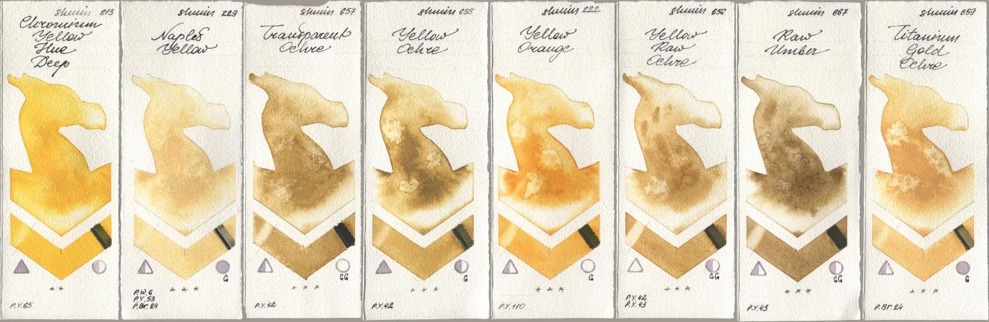 Shminke Horadam Aquarell 213 Chrome Yellow Deep LF (Chromium Yellow Hue Deep), 229 Naples Yellow, 657 Transparent Ochre, 655 Yellow Ochre, 222 Yellow Orange, 656 Yellow Raw Ochre, 667 Raw Umber, 659 Titanium Gold Och watercolor swatch