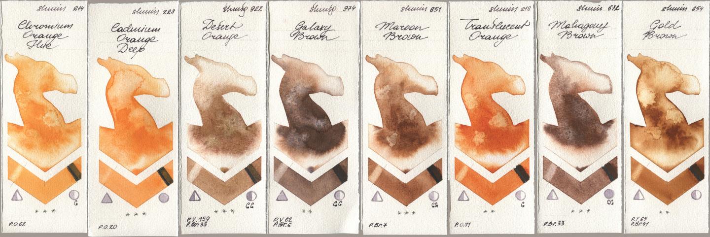 Shminke Horadam Aquarell 214 Chrome Organge LF (Chromium Orange Hue), 228 Cadmium Orange Deep, 922 Desert Orange, 974 Galaxy Brown, 651 Maroon Brown, 218 Translucent Orange / Transparent Orange, 672 Mahagony Brown, 654 Gold Bro watercolor swatch