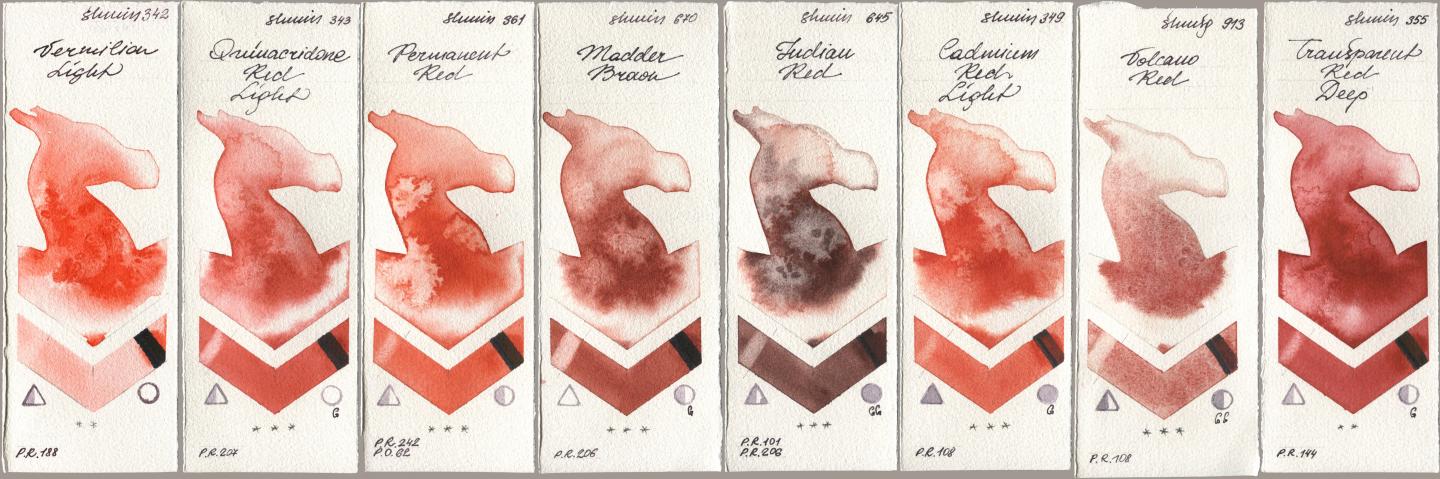 Shminke Horadam Aquarell 342 Vermilion Light, 343 Quinacridone Red Light, 361 Permanent Red, 670 Madder Brown, 645 Indian Red, 349 Cadmium Red Light, 913 Volcano Red, 355 Transparent Red De watercolor swatch