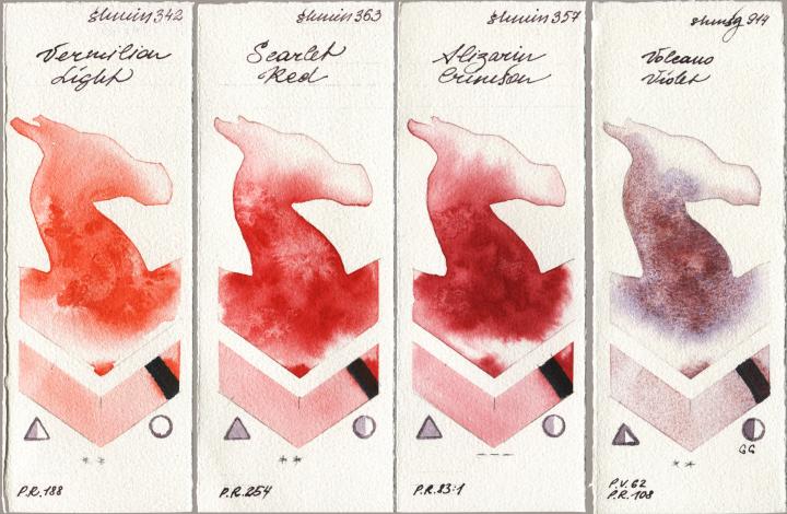 Shminke Horadam Aquarell 342 Vermilion Light vs 363 Scarlet Red vs 357 Alizarin Crimson vs 914 Volcano Violet watercolor swatch