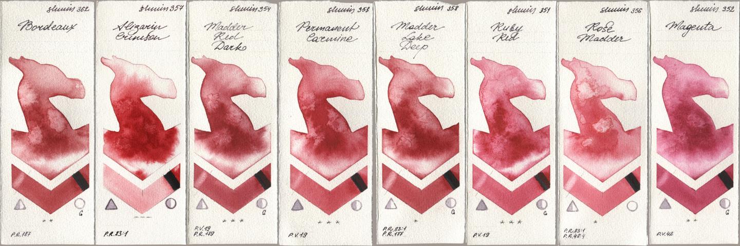 Shminke Horadam Aquarell 362 Bordeaux, 357 Alizarin Crimson, 354 Madder Red Dark, 353 Permanent Carmine, 358 Madder Lake Deep, 351 Ruby Red, 356 Rose Madder, 352 Magen watercolor swatch