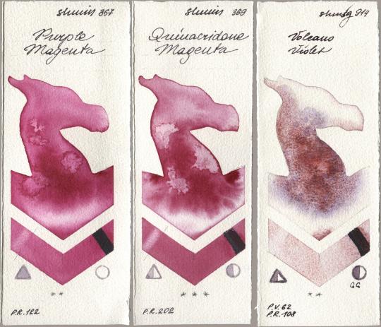 Shminke Horadam Aquarell 367 Purple Magenta, 369 Quinacridone Magenta, 914 Volcano Viol watercolor swatch