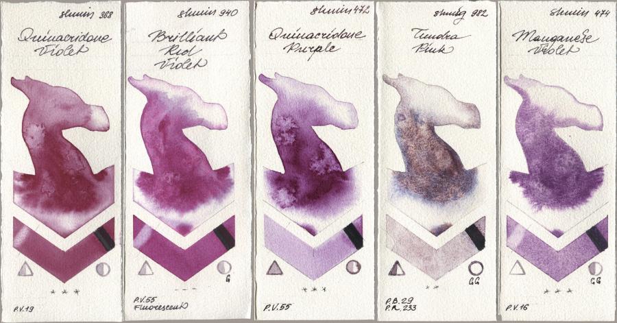 Shminke Horadam Aquarell 368 Quinacridone Violet, 940 Brilliant Red Violet, 472 Quinacridone Purple, 982 Tundra Pink, 474 Manganese Viol watercolor swatch